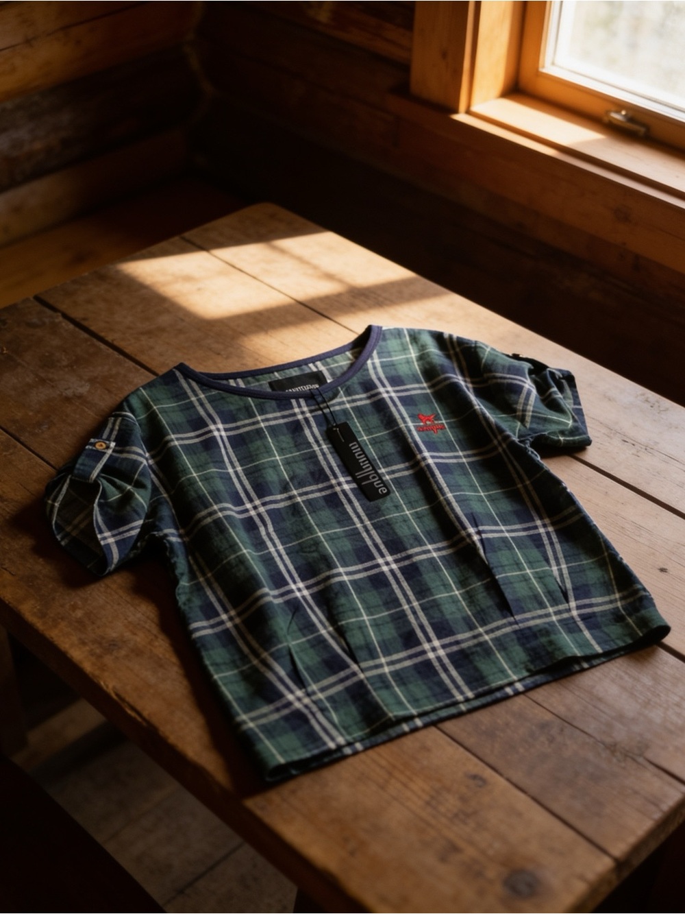 Green & Navy Plaid Short Sleeve Top Pleats at Waist